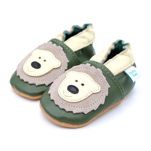 Green Dotty Fish soft sole pre-walker shoes with cream ankle trim and cream bear design.