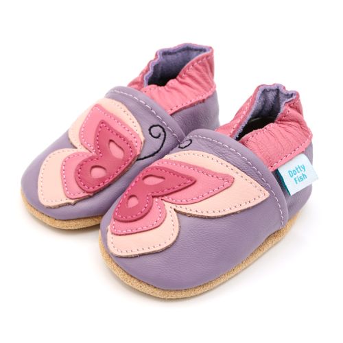 Purple leather Dotty Fish soft sole pre-walker shoes with pink ankle trim and pink butterfly design.