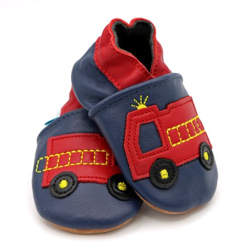 Navy blue Dotty Fish soft sole infant shoes with red ankle trim and red fire engine design.