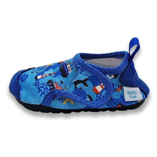 Dotty Fish Ship Ahoy swim shoes. Quick drying.