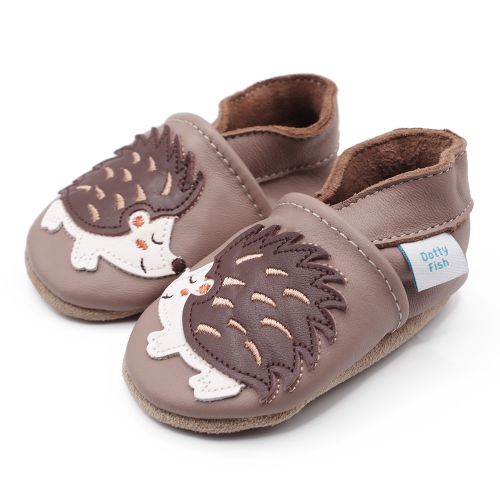 Light brown leather Dotty Fish soft sole pre-walker shoes with brown and cream hedgehog design.