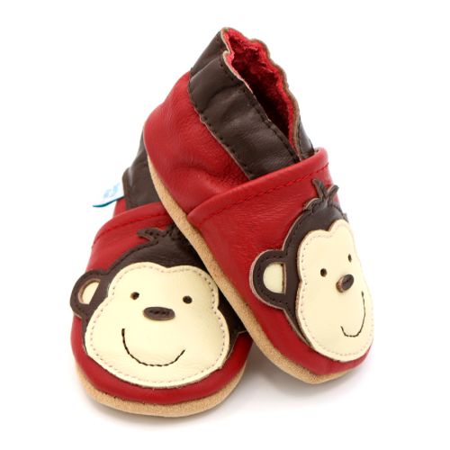 Red Dotty Fish soft sole infant shoes with brown ankle trim and monkey design.