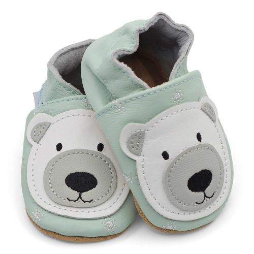 Dotty Fish icy blue leather soft sole unisex infant shoes with white polar bear design.