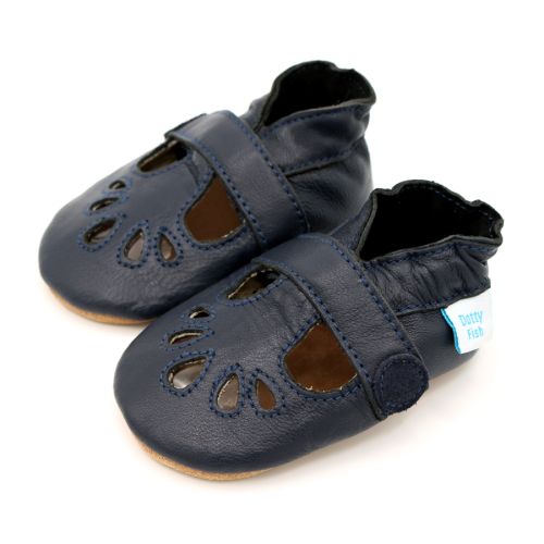 Navy leather Dotty Fish baby soft sole classic T-bar shoes.