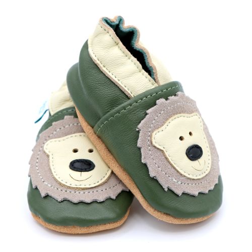 Green Dotty Fish soft sole infant shoes with cream ankle trim and cream bear design.