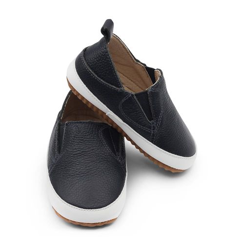 Navy leather Dotty Fish first walker rubber sole slip-on shoes for boys and girls.