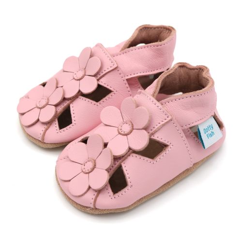  Pink leather Dotty Fish girl’s pre-walker soft sole sandals with pink flowers.