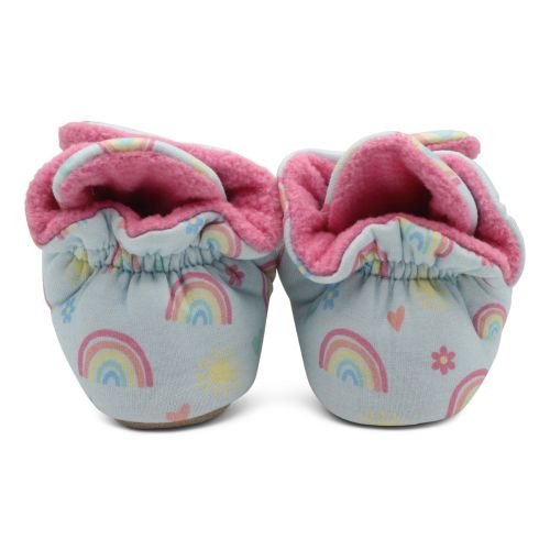 Back of blue rainbow booties with pink fleece lining.