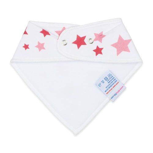 White fleece backing of cotton Dotty Fish pink stars bandana bib, for infant girls and boys.