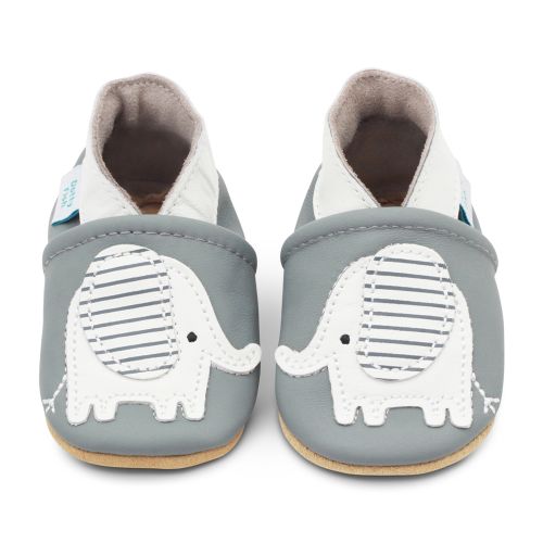Grey leather Dotty Fish soft sole baby and toddler first walker shoes for boys and girls, with white ankle trim and white and grey stripe elephant design.
