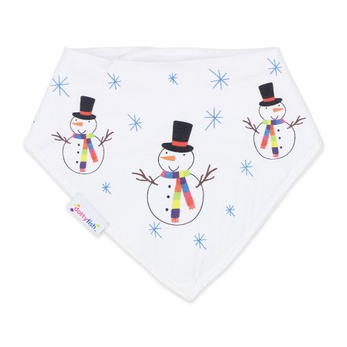 Dotty Fish baby and toddler white cotton bandana bib with snowman and snowflake pattern.