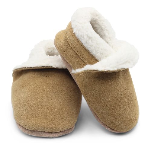 Tan suede Dotty Fish baby and toddler first walker soft sole slippers with fleece lining.
