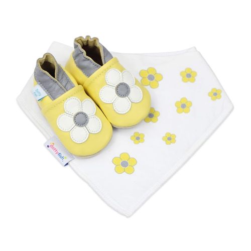 Dotty Fish gift set of yellow shoes with white flower and matching yellow flower bandana bib.