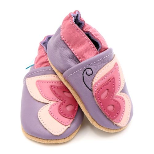 Dotty Fish purple leather soft sole infant girl’s barefoot shoes with pink ankle trim and pink butterfly design.