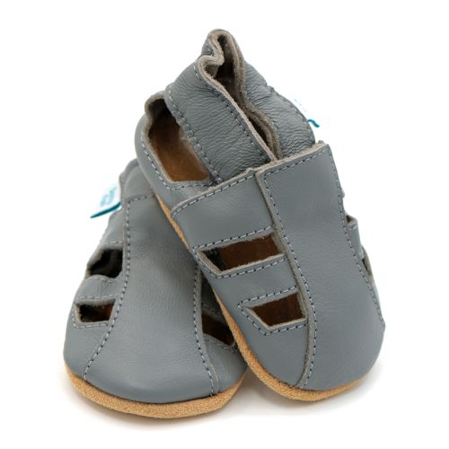 Dotty Fish grey leather infant soft sole barefoot sandals.