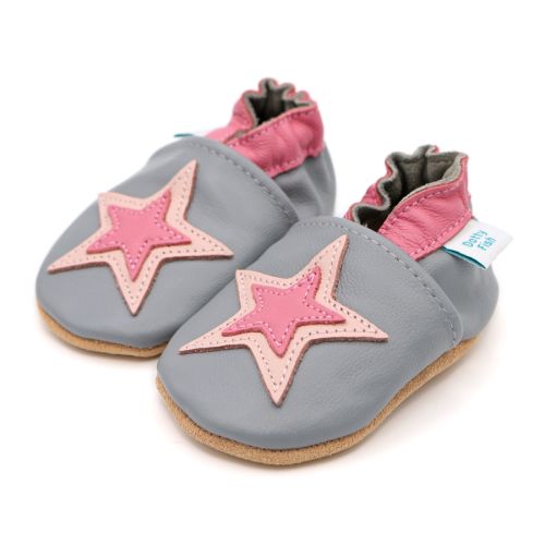 Grey leather Dotty Fish soft sole pre-walker shoes with pink ankle trim and pink star design.