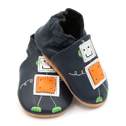 Navy Dotty Fish soft sole infant shoes with silver and orange robot design.