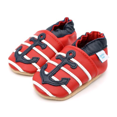 Red Dotty Fish soft sole pre-walker shoes with white stripes, navy ankle trim and navy anchor design.