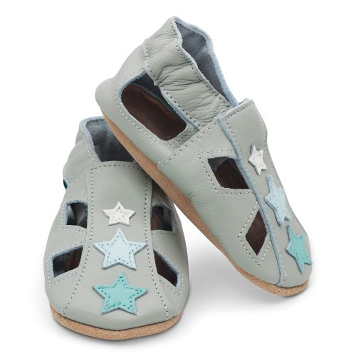 Grey leather Dotty Fish boy’s pre-walker soft sole sandals with blue stars.
