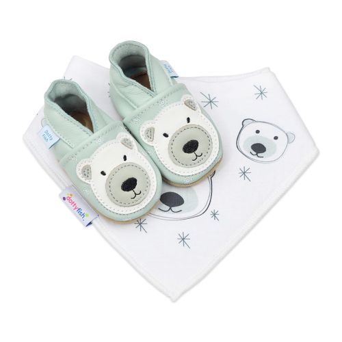 Dotty Fish light blue polar bear shoes and matching polar bear bandana bib.