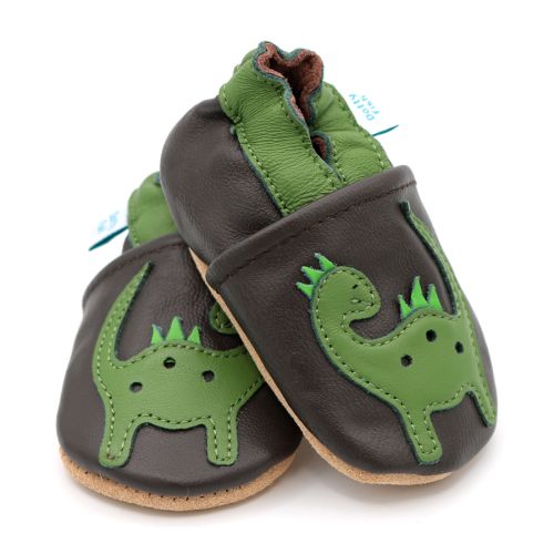 Brown Dotty Fish soft sole infant shoes with green ankle trim and dinosaur design.