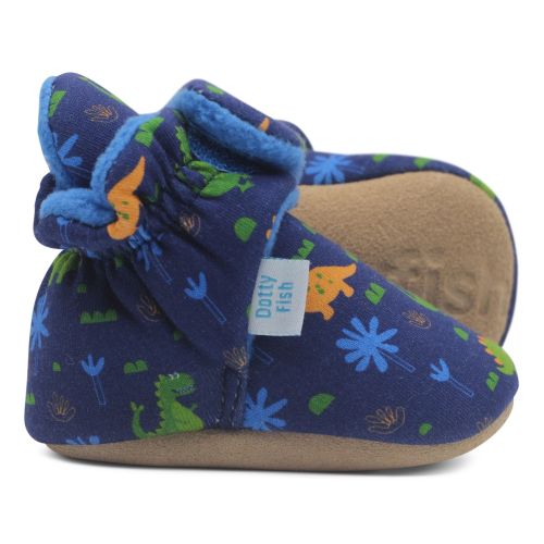 Navy cotton Dotty Fish soft sole baby booties with blue fleece lining and colourful dinosaur pattern.