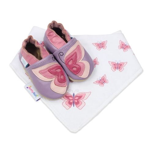 Purple Dotty Fish soft sole shoes with pink ankle trim and pink butterfly, with a matching white bib with pink butterfly pattern.