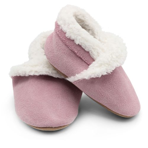 Pale pink suede Dotty Fish baby and children’s soft sole slippers with fleece lining.