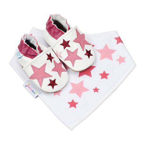 White Dotty Fish soft sole shoes with pink ankle trim and pink stars, with a matching white bib with pink stars pattern.