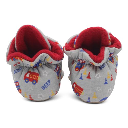 Back of grey baby booties, with red fleece lining.