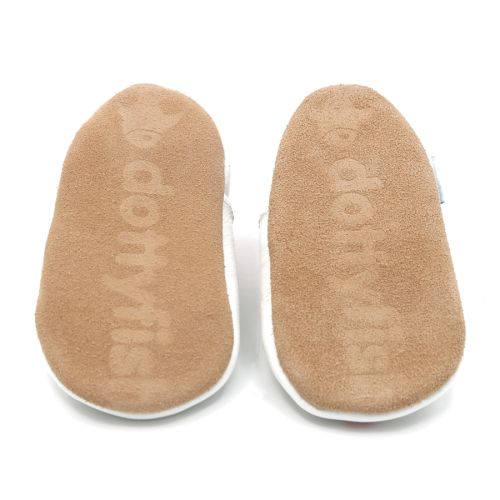 Non-slip suede soles on Dotty Fish Pink and White Flamingo baby shoes