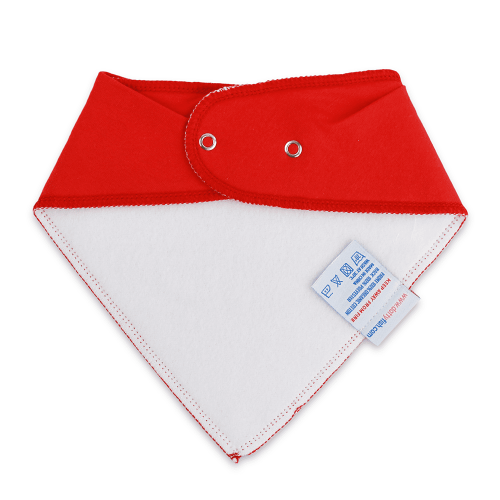White fleece backing of plain bright red cotton Dotty Fish bandana bib, for infant girls and boys.