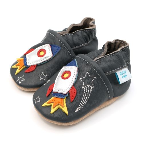 Charcoal Dotty Fish soft sole pre-walker shoes with silver, red and blue space rocket design.