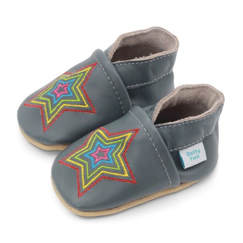  Grey leather Dotty Fish soft sole pre-walker shoes with embroidered rainbow star design.