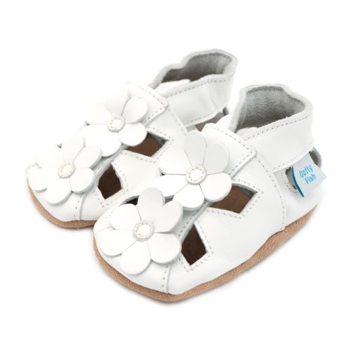 White leather Dotty Fish girl’s pre-walker soft sole sandals with white flowers.