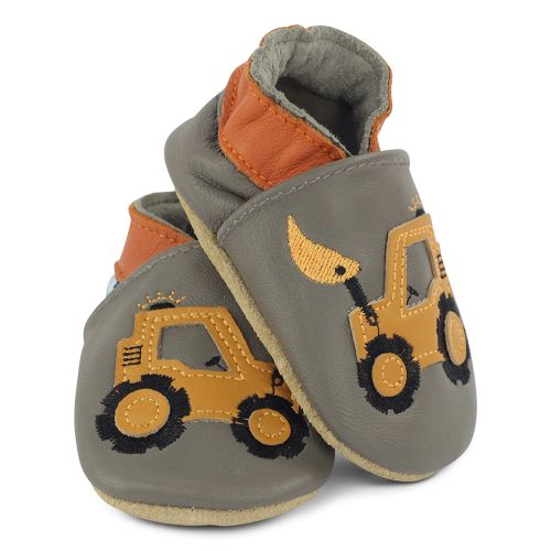 Grey Dotty Fish soft sole infant shoes with orange ankle trim and yellow digger design.