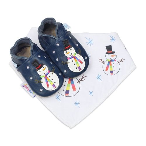 Dotty Fish Christmas gift set of navy snowman shoes and matching snowman and snowflake bandana bib.