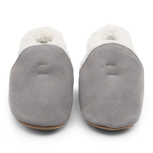 Pale grey suede Dotty Fish children’s soft sole slippers with warm fleece lining.
