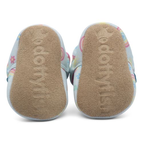 Non-slip suede sole of baby booties, imprinted with Dotty Fish logo.