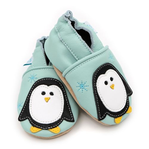 Dotty Fish mint green leather soft sole unisex infant shoes with white and black penguin design.