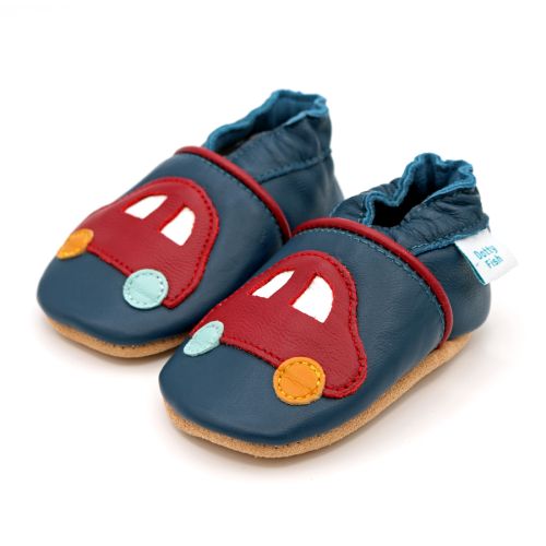 Navy Dotty Fish soft sole pre-walker shoes with red car design.