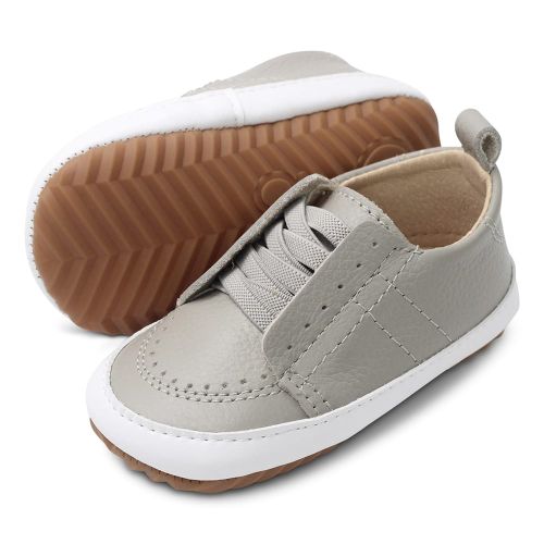 Light grey leather Dotty Fish first walker rubber sole slip-on shoes for girls and boys.