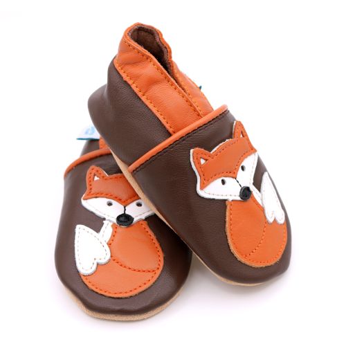 Dotty Fish brown leather soft sole unisex infant shoes with orange ankle trim and orange and white fox design.