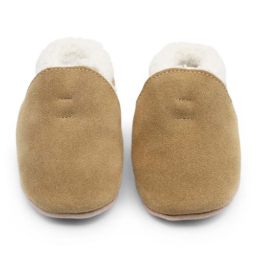 Tan suede Dotty Fish pre-walker soft sole slippers with warm fleece lining.