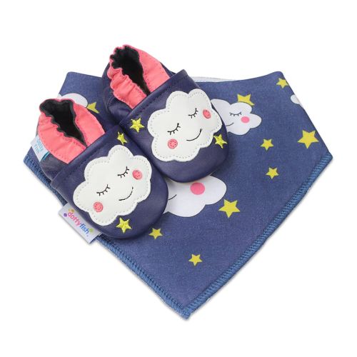 Dotty Fish gift set of navy-blue shoes with white cloud and matching cloud and star bandana bib.