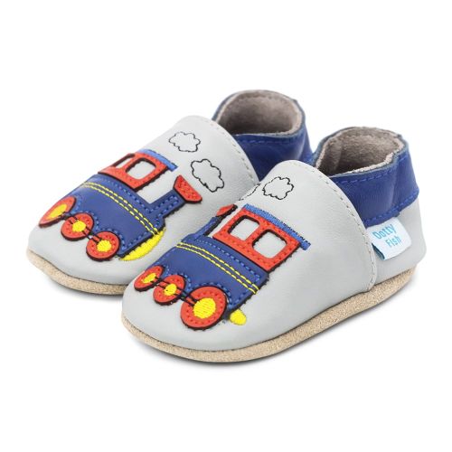 Pale grey Dotty Fish soft sole pre-walker shoes with blue ankle trim and blue and red train design.