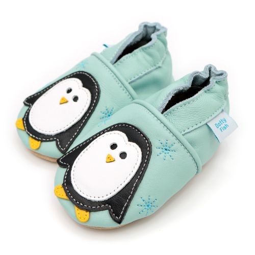 Mint green leather Dotty Fish soft sole pre-walker shoes with white and black penguin shoes.
