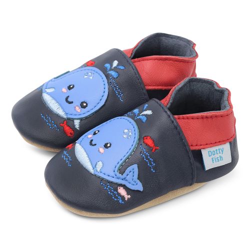 Navy leather Dotty Fish soft sole pre-walker shoes with red ankle trim and blue whale design.