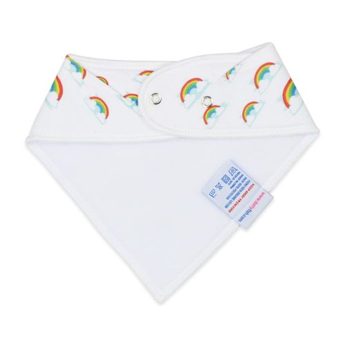 White fleece backing of cotton Dotty Fish rainbow bandana bib, for infant girls and boys.