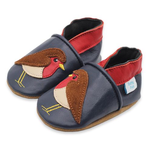 Navy blue leather Dotty Fish soft sole pre-walker shoes with red ankle trim and brown and red robin design.